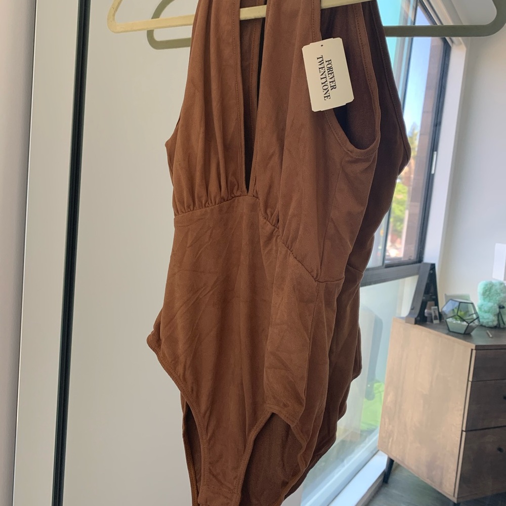 Tan suede deep v body suit